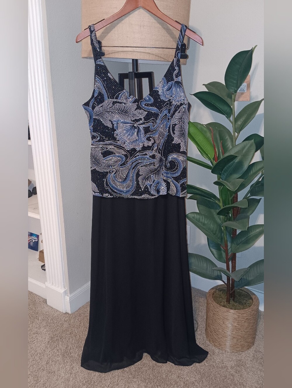 R&M Richards Black Maxi Dress with Blue and Silver Bodice